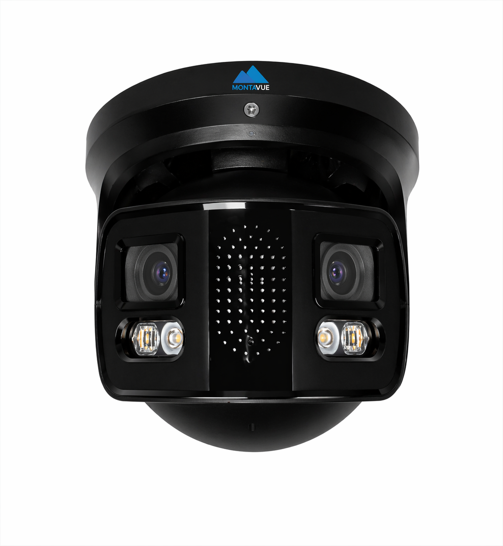 Black Montavue MTTI180 8MP 4K 180-degree panoramic AI turret security camera with dual lenses and integrated illumination