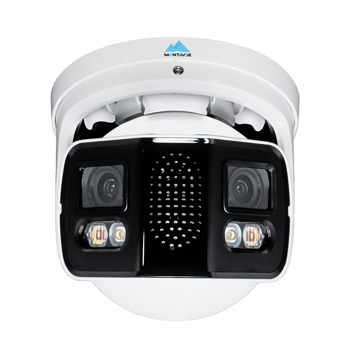 Front view of Montavue MTTI180 8MP 4K 180-degree panoramic AI turret security camera with dual lenses and integrated illumination