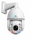 White Montavue PTZ security camera with wall mount, zoom lens and active deterrence lights for outdoor surveillance