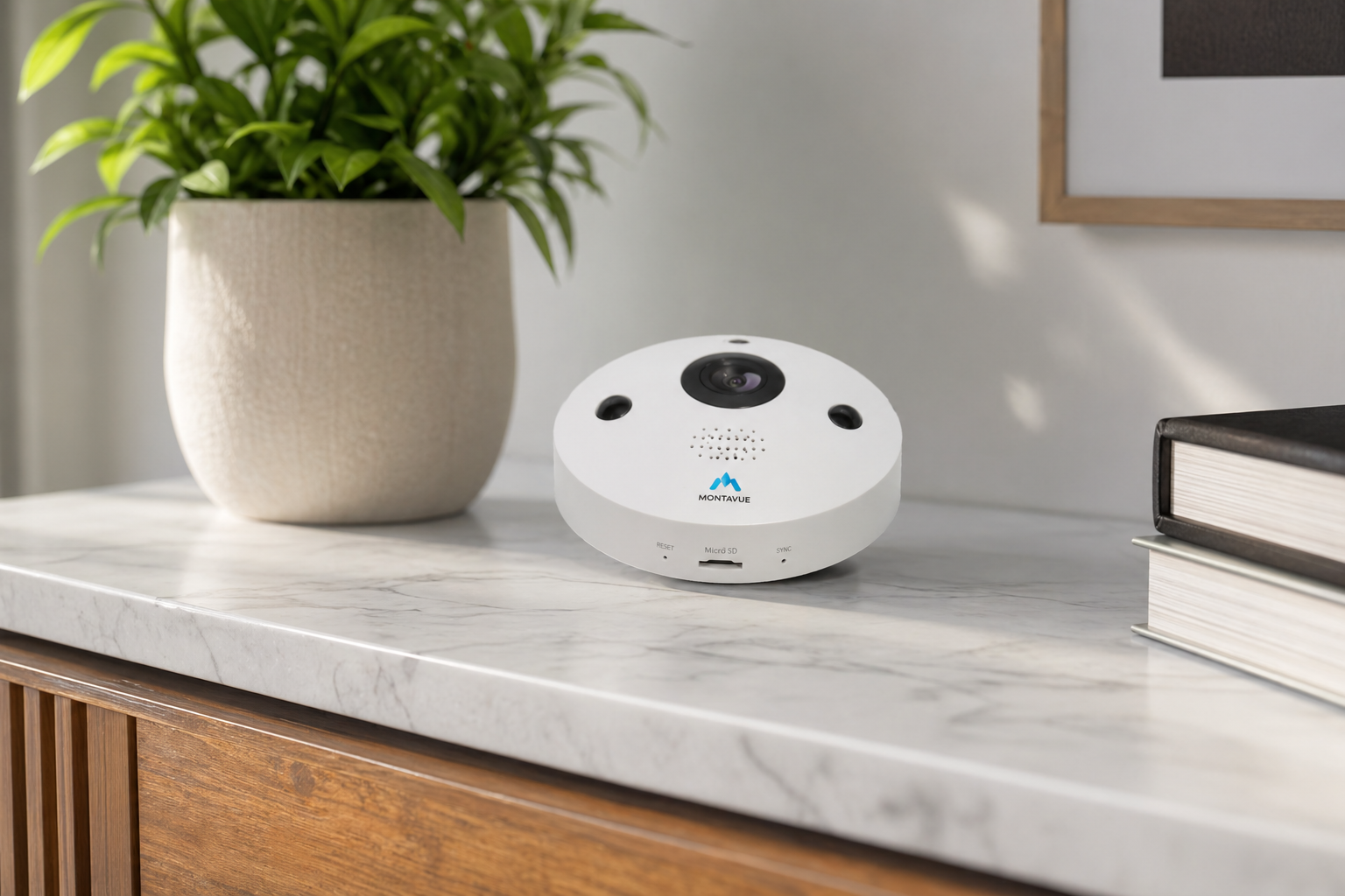 White Montavue panoramic fisheye security camera positioned indoors for wide-area home or business monitoring