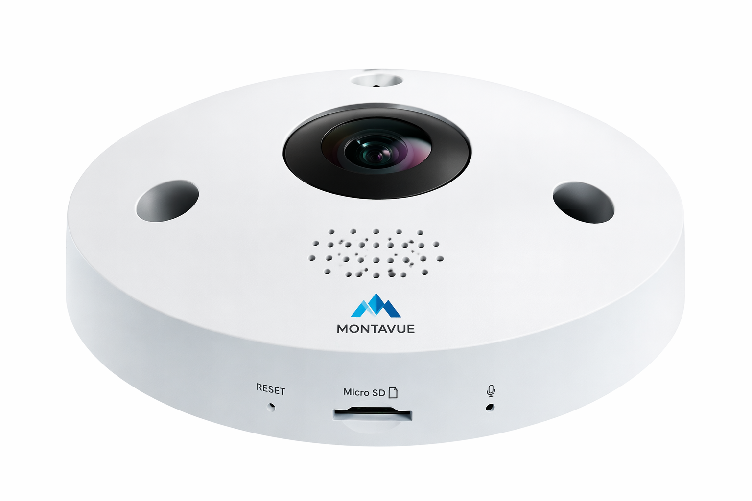 White Montavue panoramic fisheye security camera with wide-angle lens, built-in speaker and microSD card slot