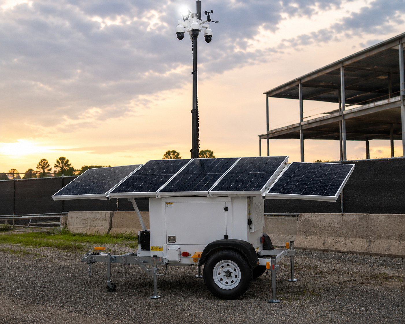 Montavue solar-powered mobile security trailer with surveillance mast and solar panels for remote site monitoring
