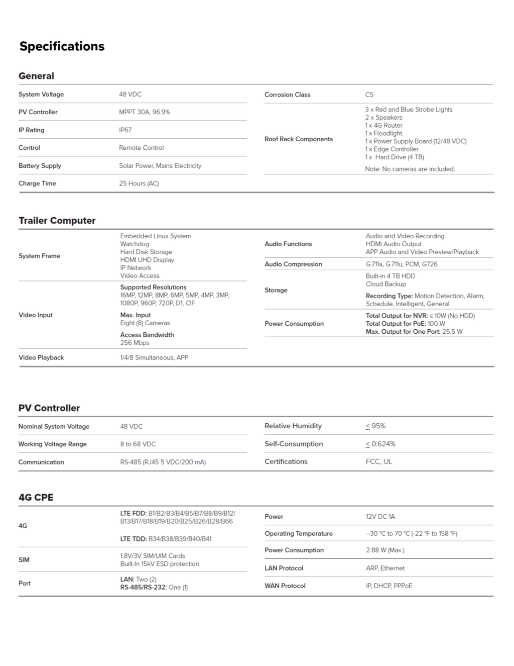 System specifications sheet for Montavue solar-powered mobile security trailer including surveillance and equipment specifications