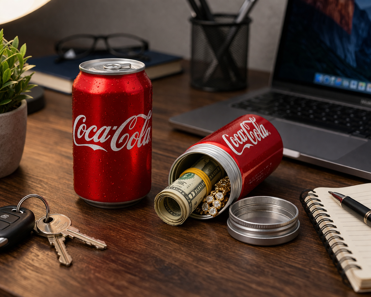 Coca-Cola can diversion safe with concealed compartment shown open for discreet storage of cash, keys, jewelry, and other small valuables