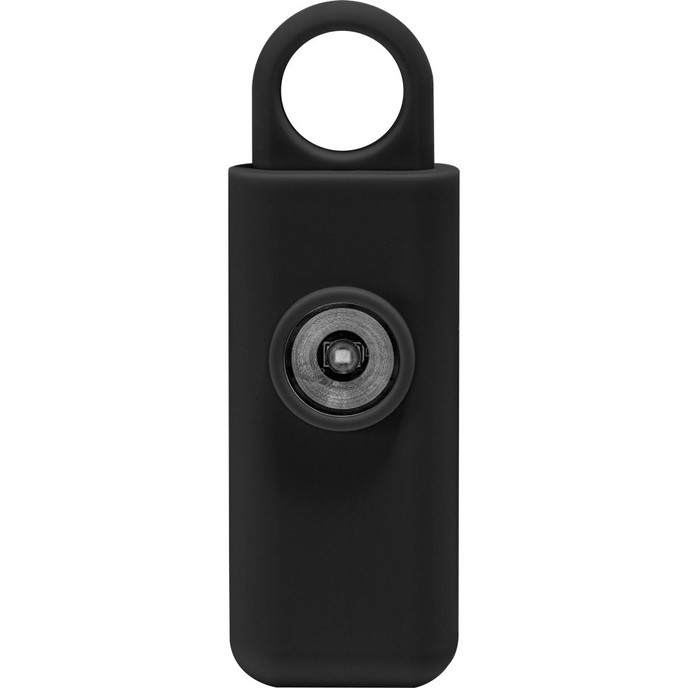 Black 130dB personal panic alarm with strobe light and keychain attachment