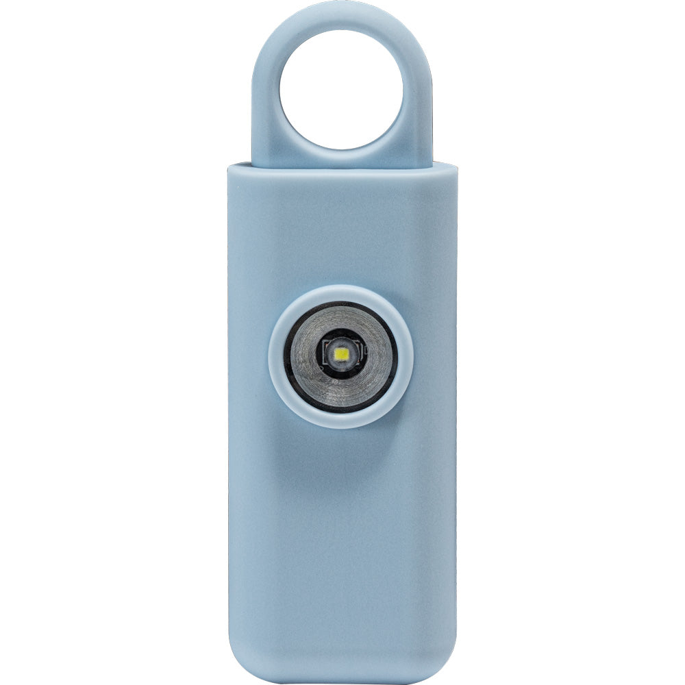 Blue 130dB personal panic alarm with strobe light and keychain attachment