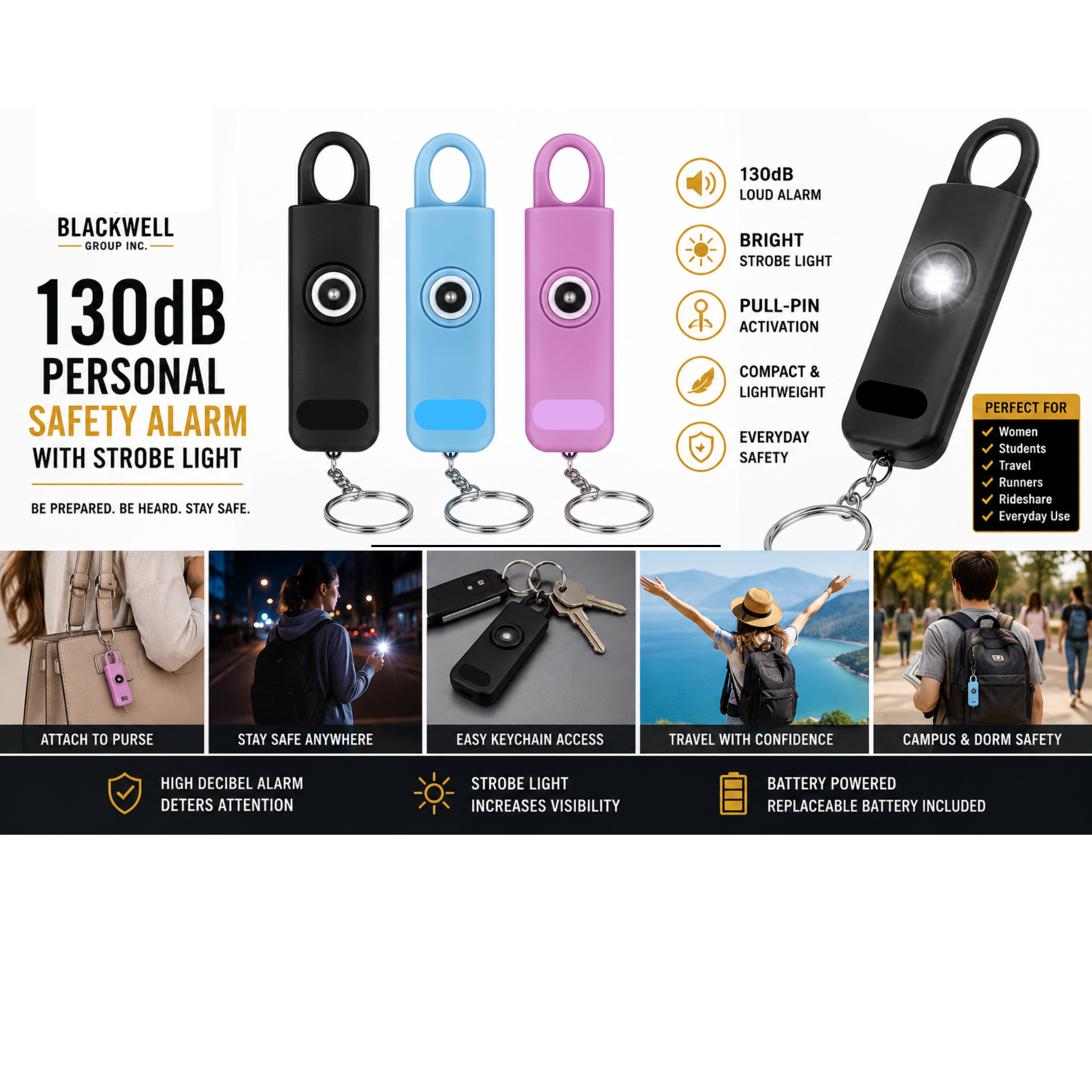 130dB personal panic alarm with strobe light showing key features and personal safety uses