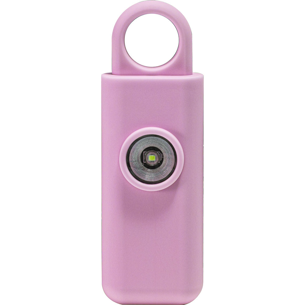 Pink 130dB personal panic alarm with strobe light and keychain attachment