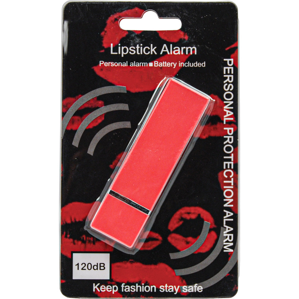 Pink lipstick-style personal safety alarm in retail packaging for portable everyday carry