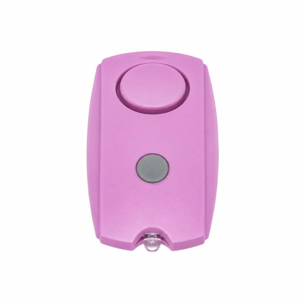 Pink mini personal safety alarm with LED light and belt clip