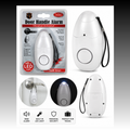 Portable door guard alarm with 98dB audible alert, LED flashlight, wrist strap and product features