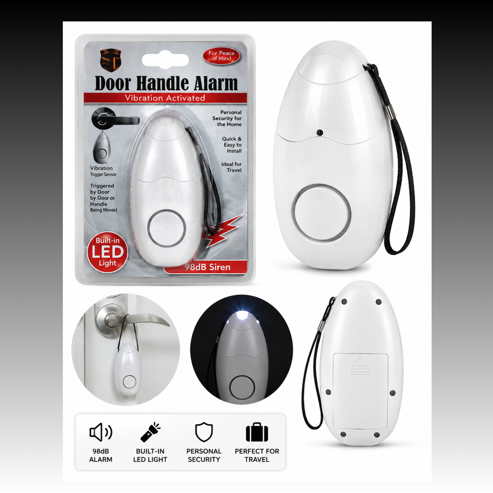 Portable door guard alarm with 98dB audible alert, LED flashlight, wrist strap and product features