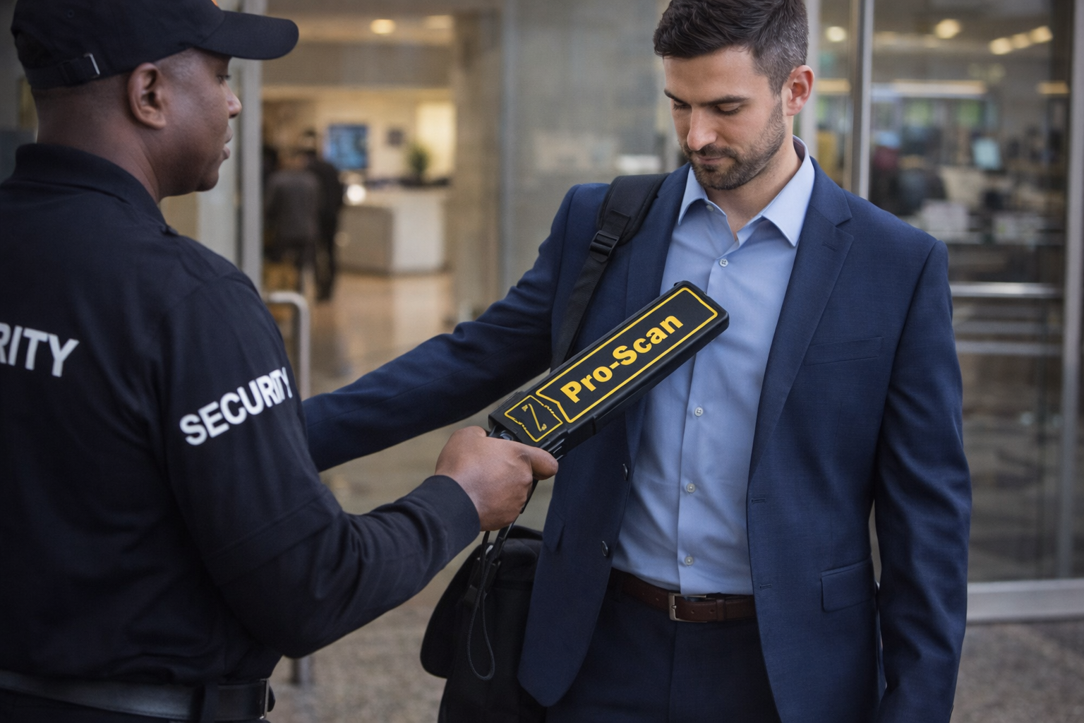 Security professional using Pro Scan handheld metal detector to screen a person at an access control checkpoint