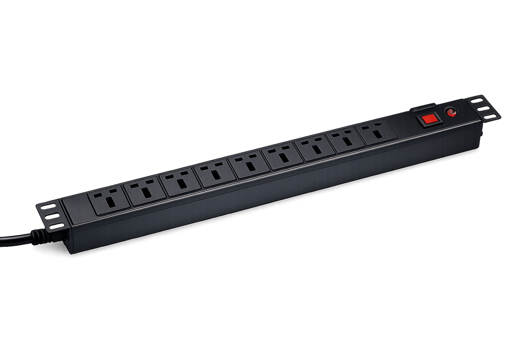 Rack-mount power distribution unit with multiple AC outlets and illuminated power switches