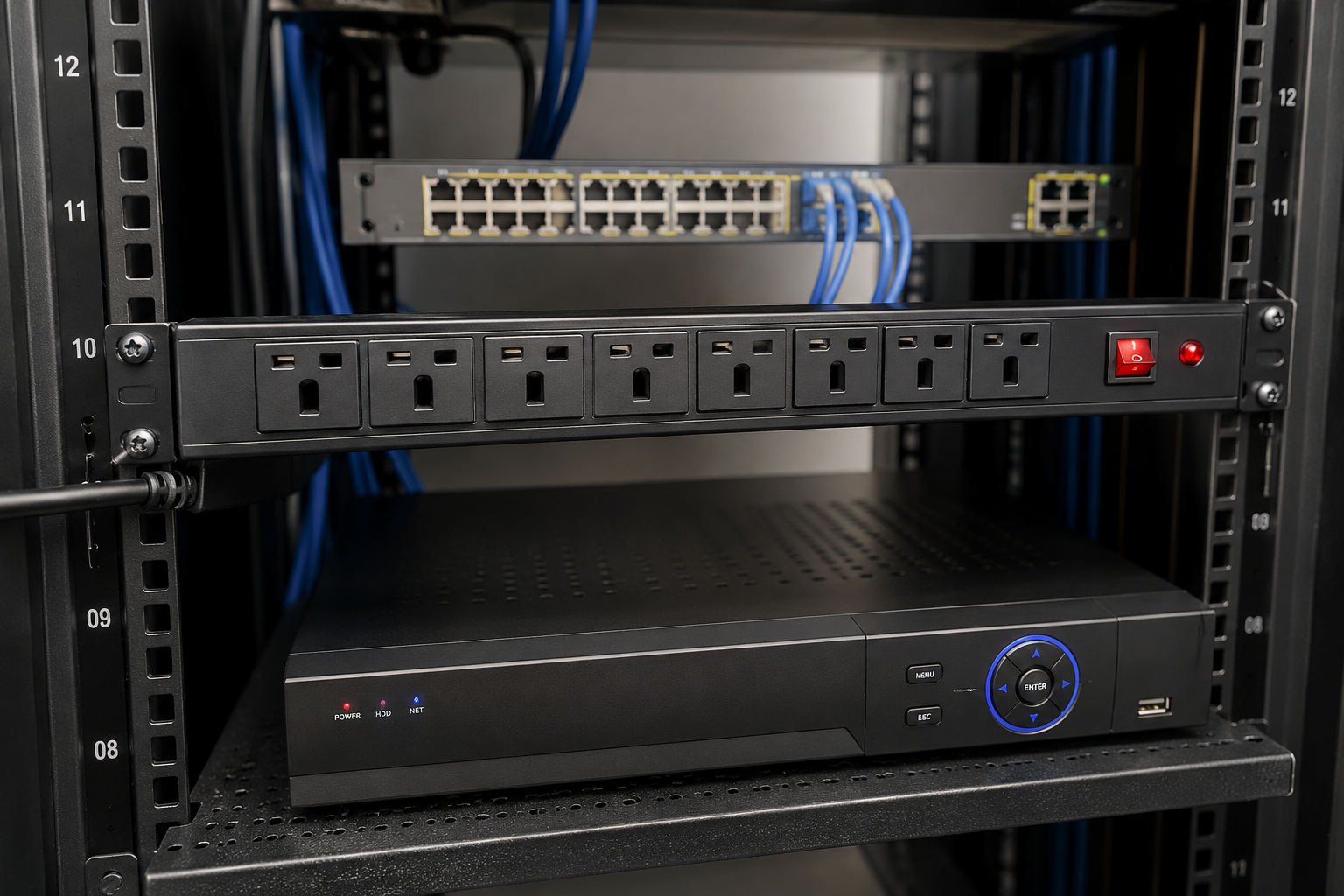 Rack-mount power distribution unit installed in network and security equipment rack