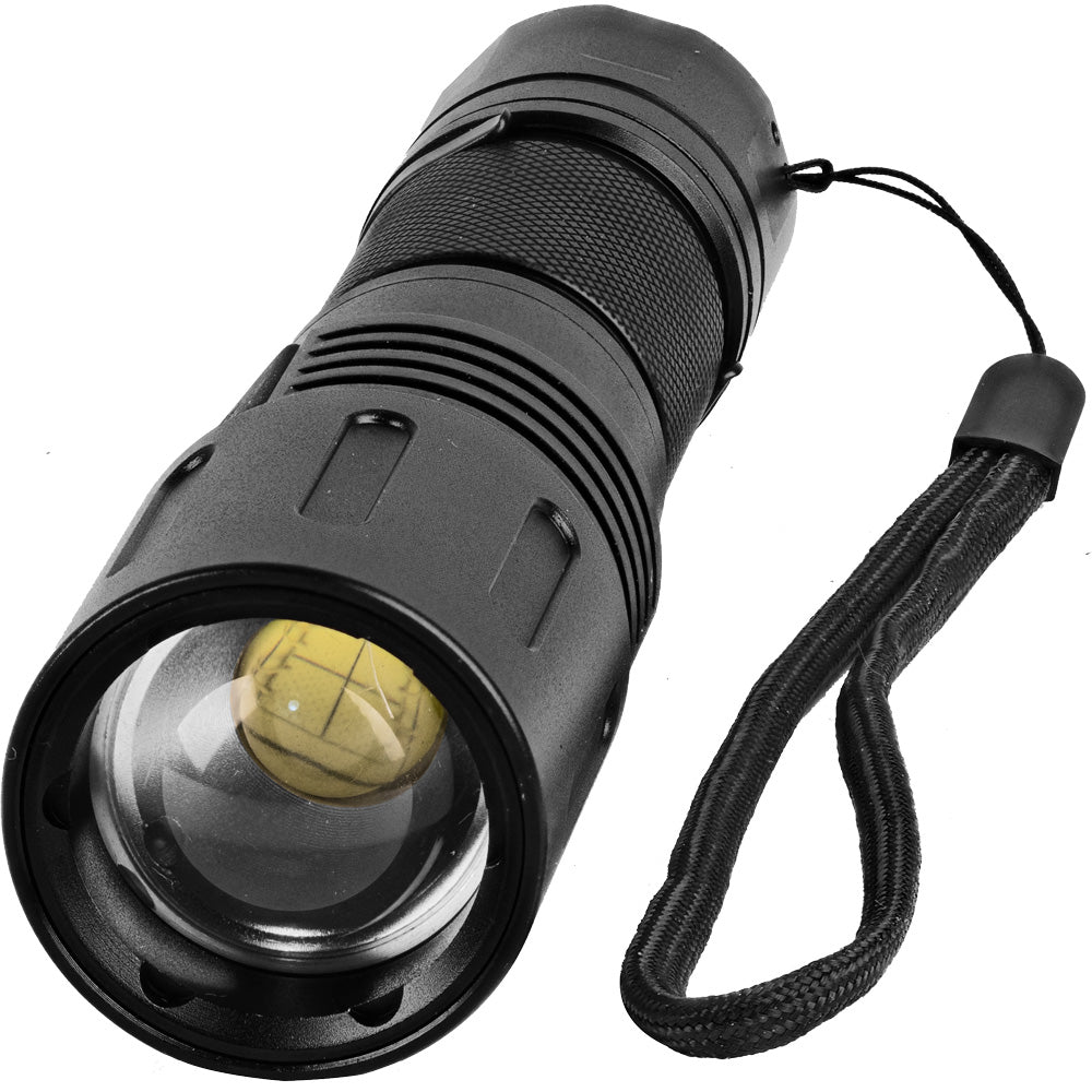 Close-up of Safety Technology 3000 lumens LED zoomable flashlight with wrist strap
