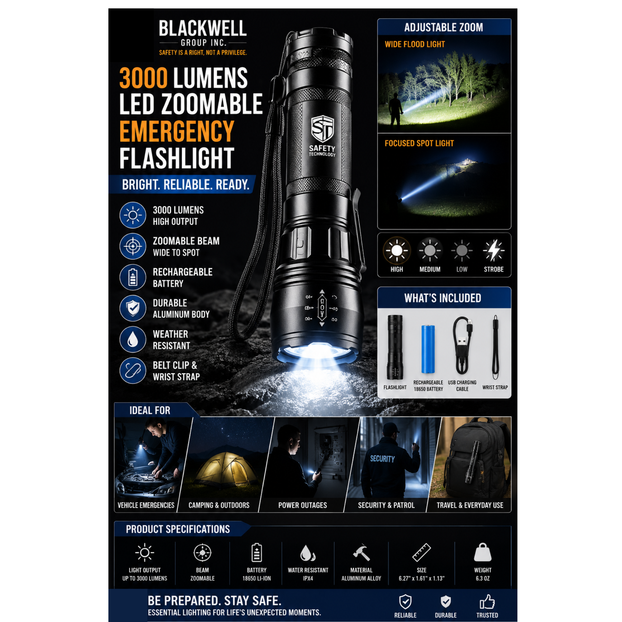 Safety Technology 3000 lumens LED zoomable emergency flashlight with rechargeable design