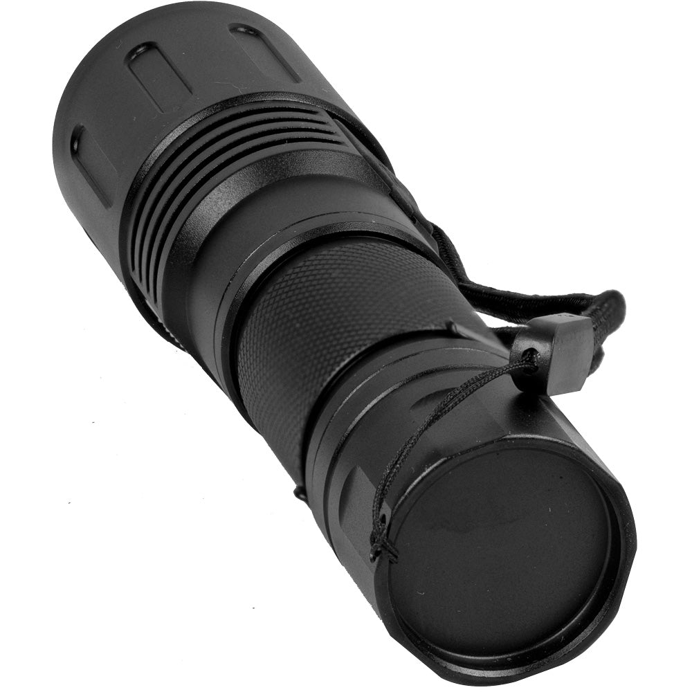 Rear angled view of black Safety Technology 3000 lumens LED zoomable flashlight
