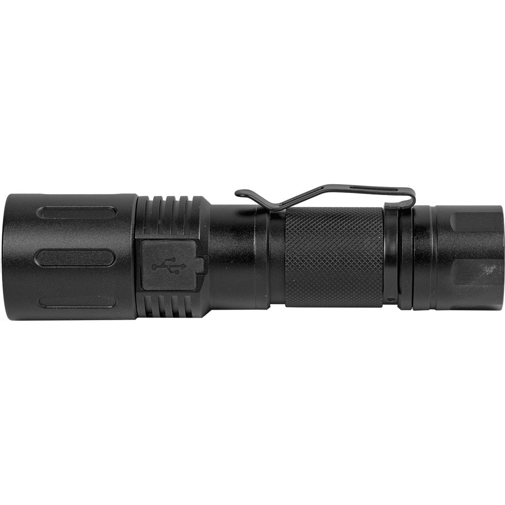 Side view of black Safety Technology 3000 lumens LED zoomable flashlight