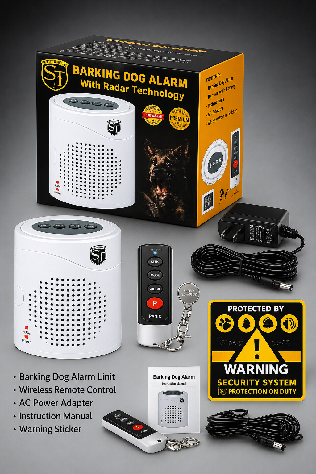 Safety Technology Barking Dog Alarm motion detection security system with remote control and accessories
