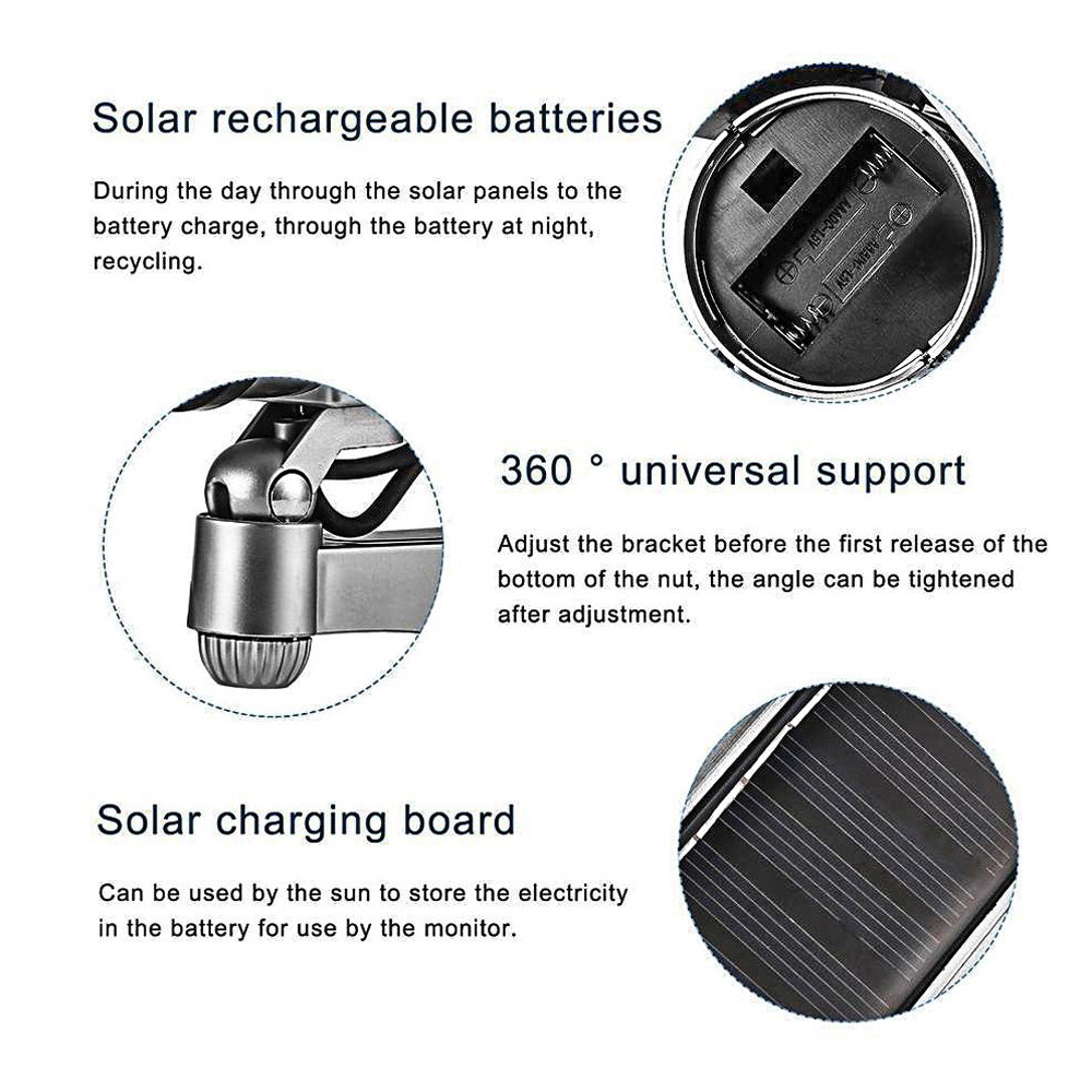 Solar-powered dummy security camera features showing rechargeable battery compartment, adjustable mount and solar charging panel