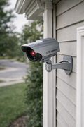 Solar-powered dummy security camera with flashing red LED mounted on exterior wall