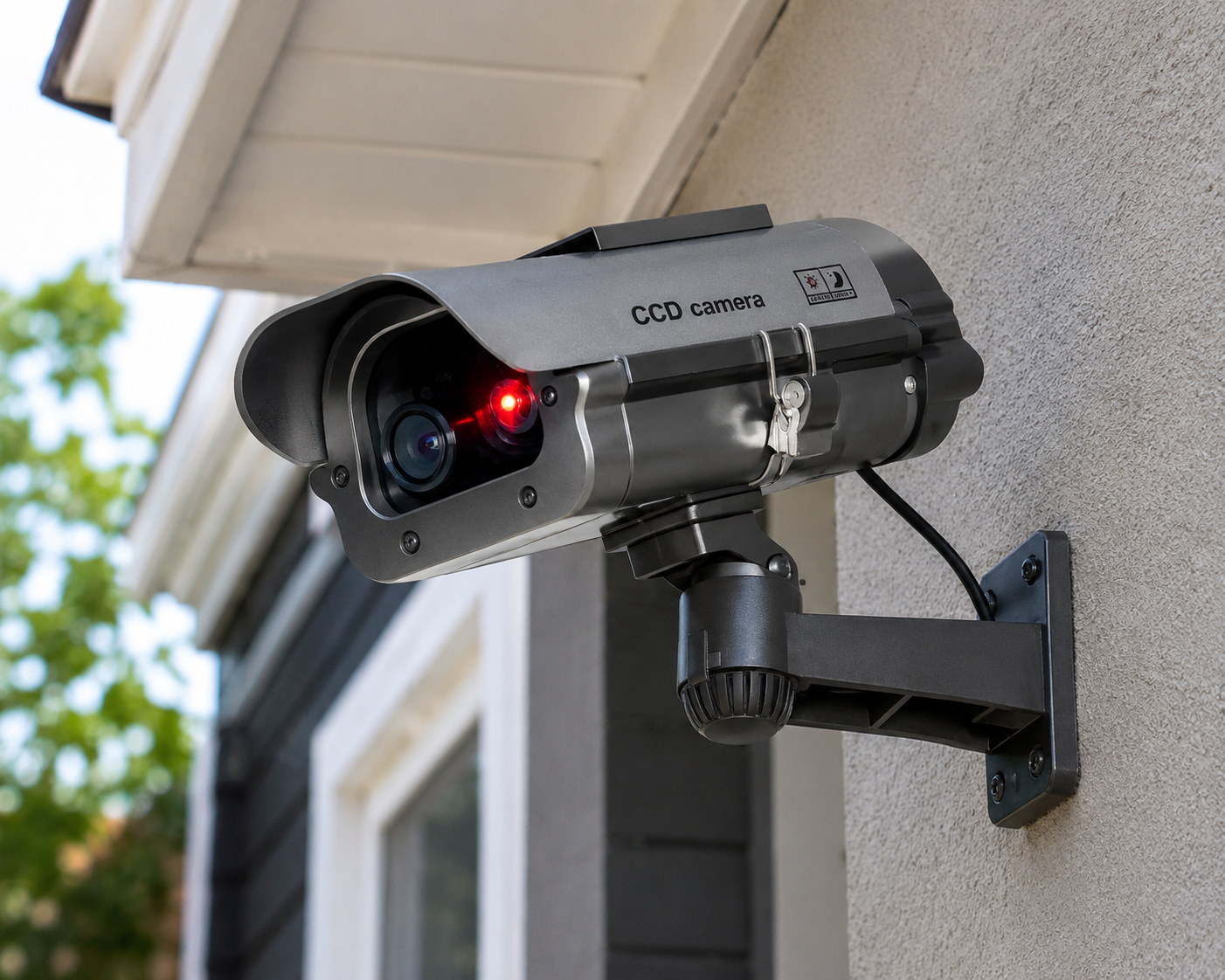 Solar-powered dummy security camera with motion activation and flashing red LED mounted on exterior wall