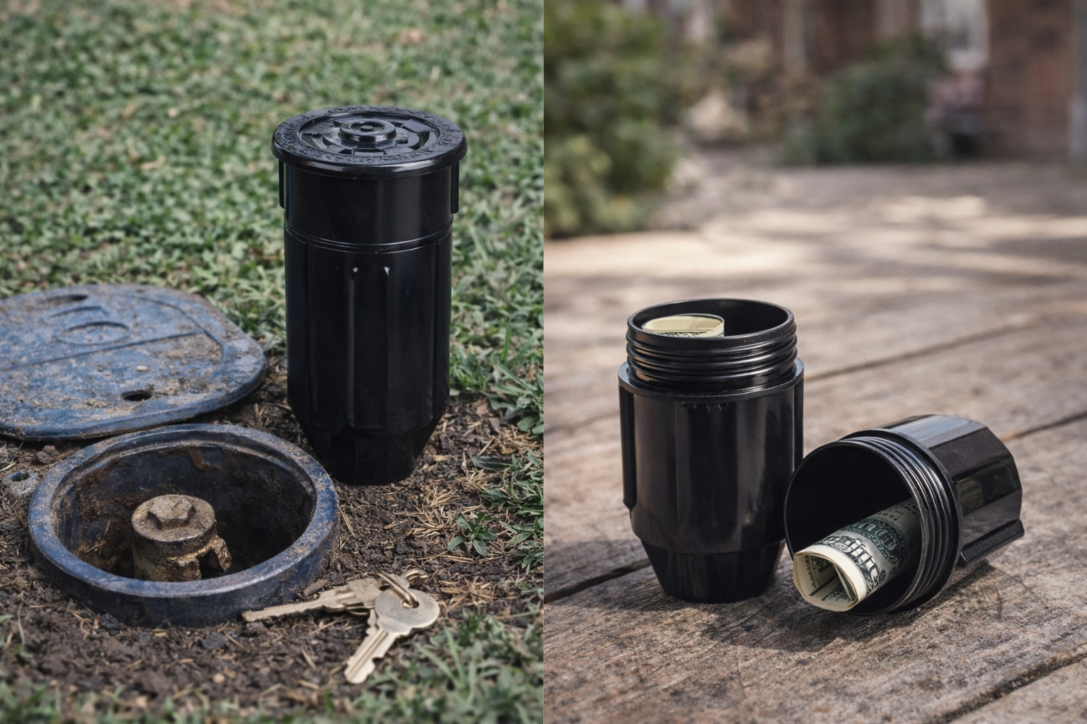 Sprinkler head-style key hider diversion safe with hidden compartment for spare keys