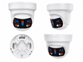 White AI turret security camera shown in multiple installation views, featuring high-definition surveillance, active deterrence lights and intelligent monitoring for residential and commercial security.