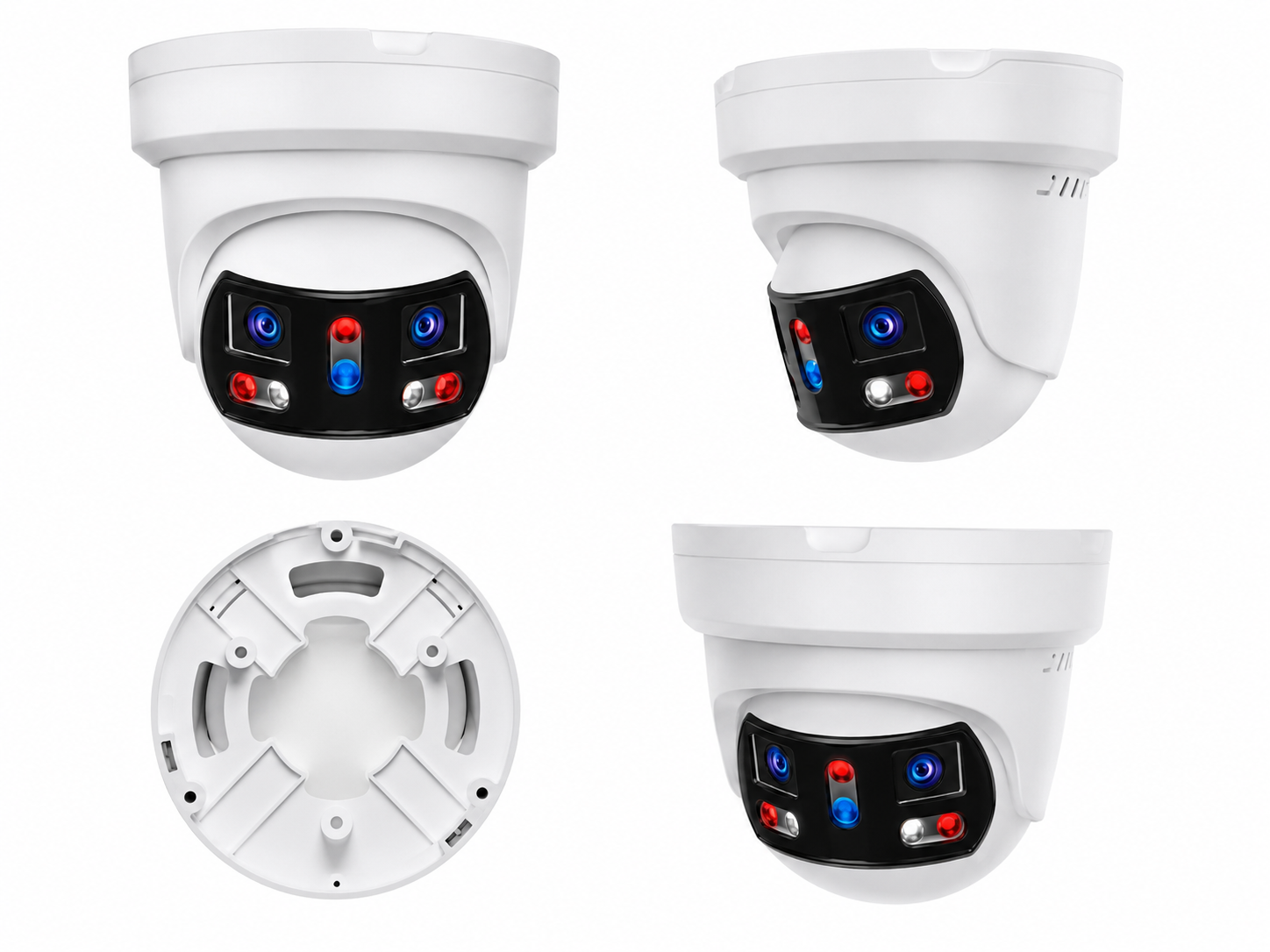 White AI turret security camera shown in multiple installation views, featuring high-definition surveillance, active deterrence lights and intelligent monitoring for residential and commercial security.