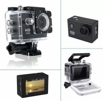 Action camera collage showing housing, camera body, display and open back cover.