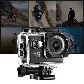 Action camera in clear housing beside example outdoor activity images.