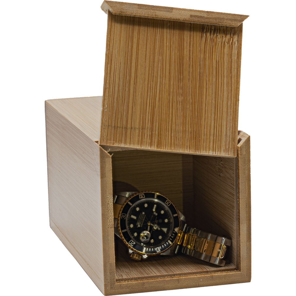 Open bamboo style soap dispenser diversion safe showing concealed compartment with watch stored inside