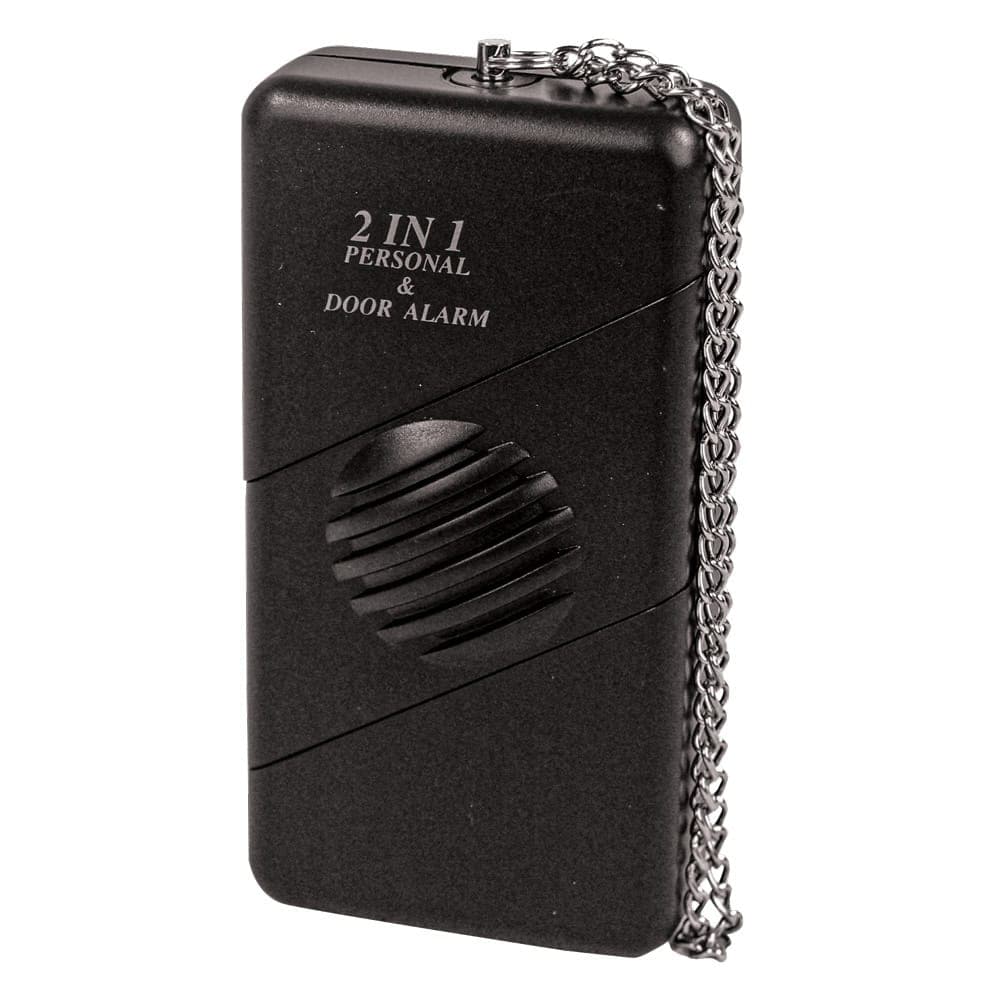 Black 2-in-1 personal and door alarm with metal pull chain on a white background.