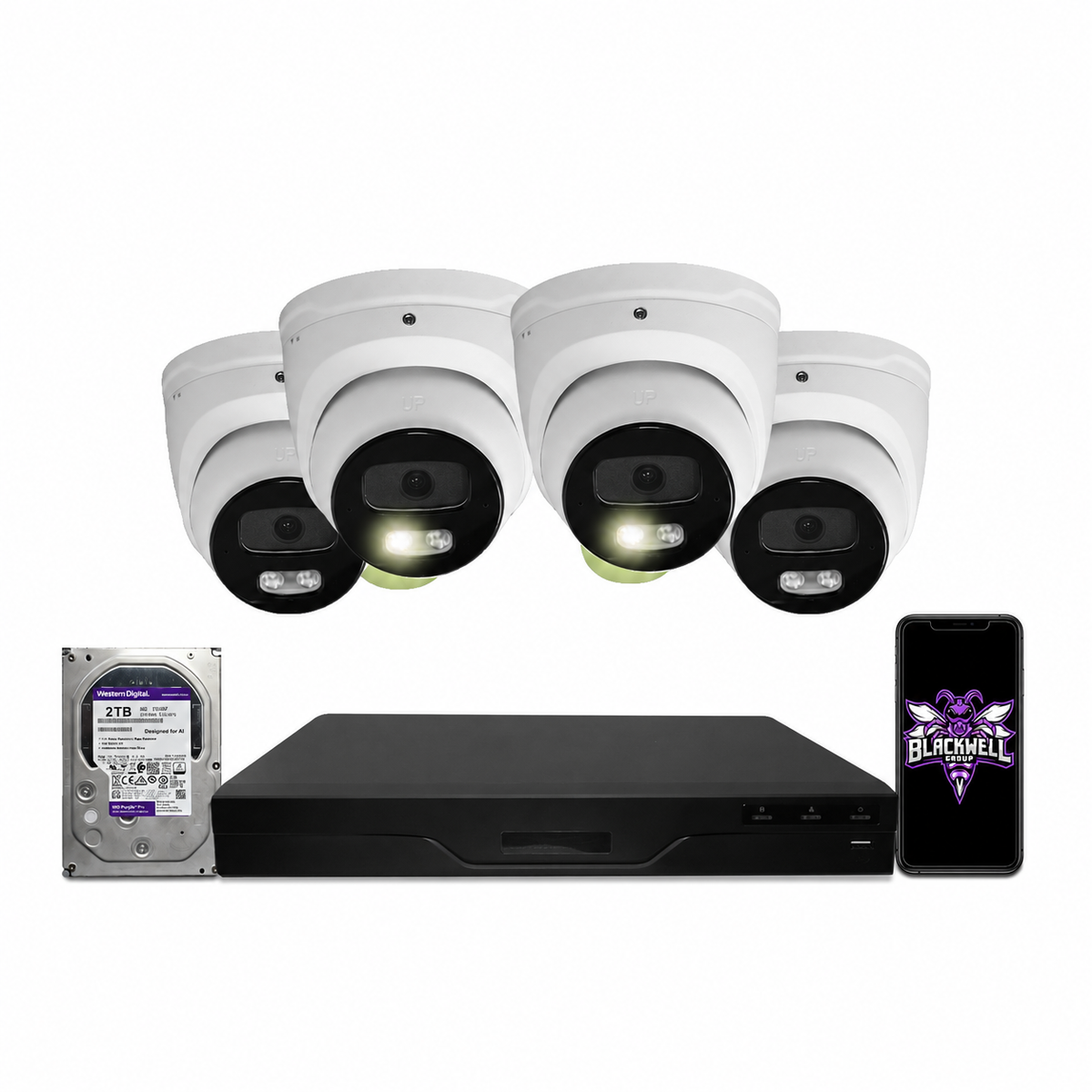 Montavue 4-camera MNT-4-101 4mp smart light turret bundle with 8-channel smart NVR and 1TB hard drive; phone displaying the official BGI logo