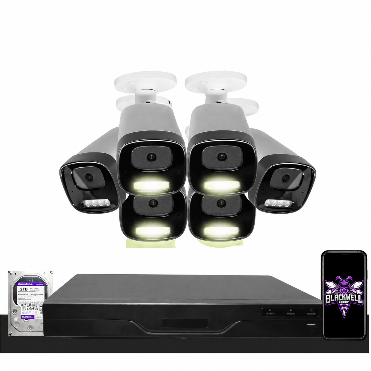 Montavue 6-camera MNB-4-101 4mp smart light bullet bundle with 8-channel pro NVR and 1TB hard drive; phone displaying the official BGI logo