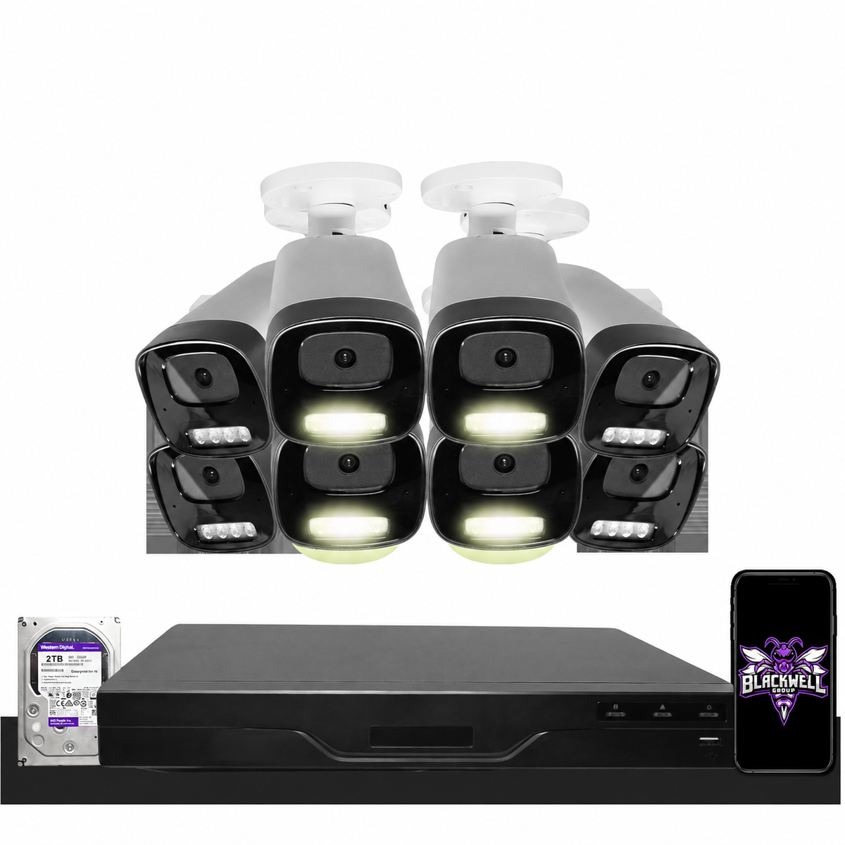 Montavue 8-camera MNB-4-101 4mp smart light bullet bundle with 8-channel smart NVR and 1TB hard drive; phone displaying the official BGI logo