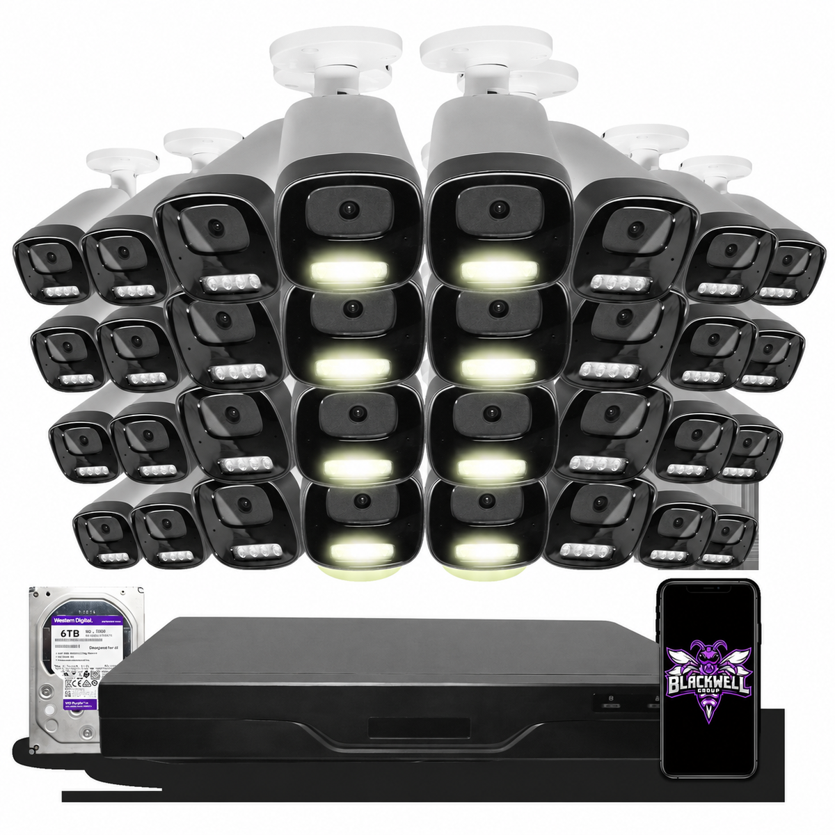 Montavue 16-camera MNB-4-101 4mp smart light bullet bundle with 32-channel pro NVR and 6TB hard drive; phone displaying the official BGI logo