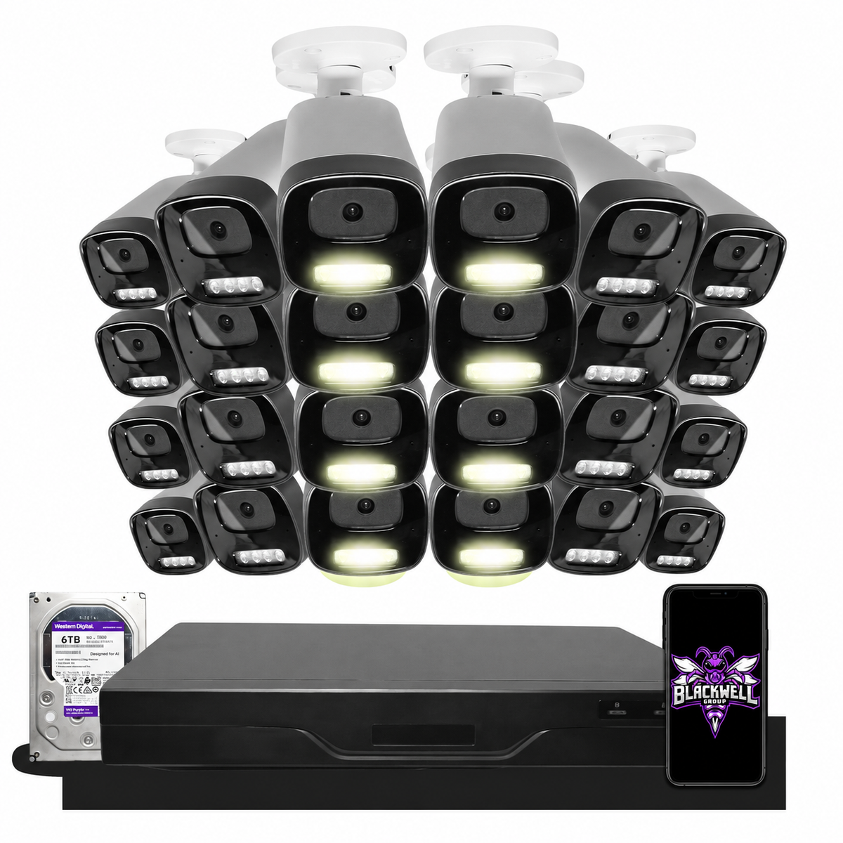 Montavue 24-camera MNB-4-101 4mp smart light bullet bundle with 32-channel pro NVR and 6TB hard drive; phone displaying the official BGI logo