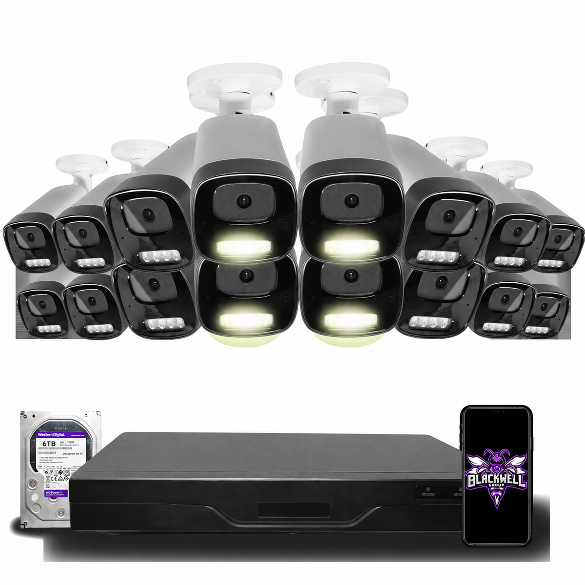 Montavue 32-camera MNB-4-101 4mp smart light bullet bundle with 32-channel pro NVR and 6TB hard drive; phone displaying the official BGI logo