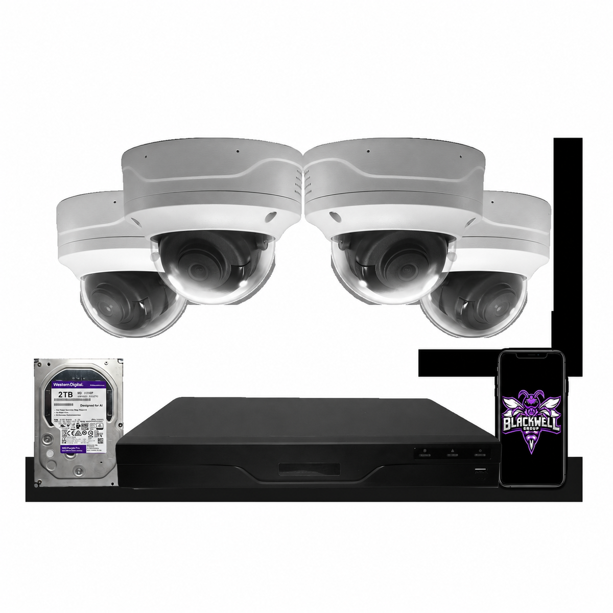 Montavue 4-camera MND-4-101 4mp vandal-proof dome bundle with 8-channel smart NVR and 1TB hard drive; phone displaying the official BGI logo