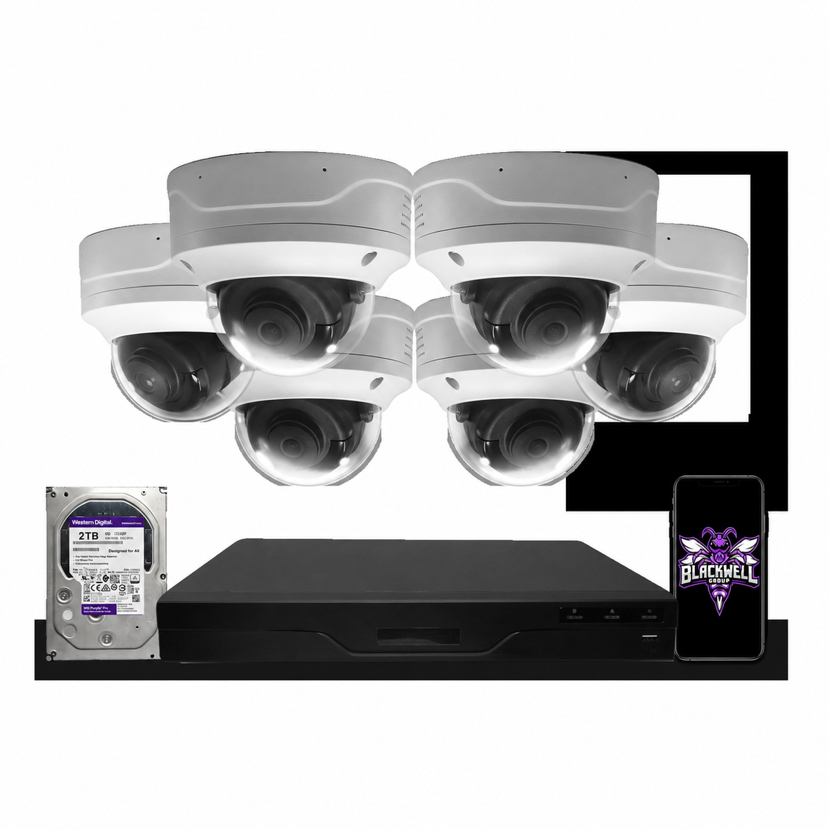 Montavue 6-camera MND-4-101 4mp vandal-proof dome bundle with 8-channel smart NVR and 1TB hard drive; phone displaying the official BGI logo