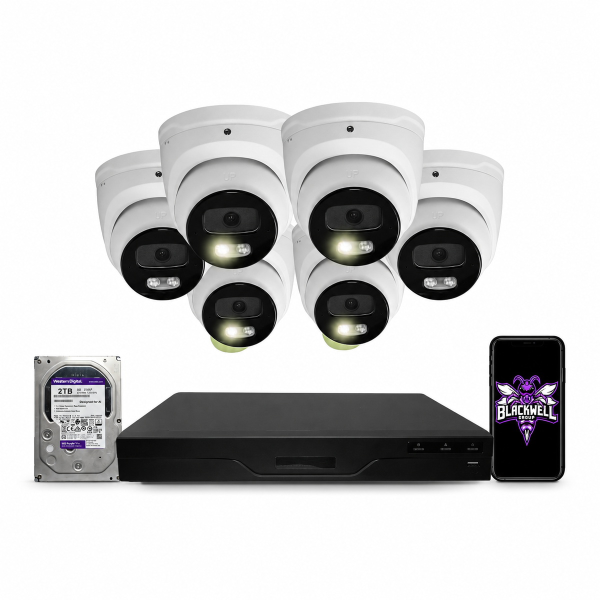 Montavue 6-camera MNT-8-101 8mp smart light turret bundle with 8-channel pro NVR and 1TB hard drive; phone displaying the official BGI logo