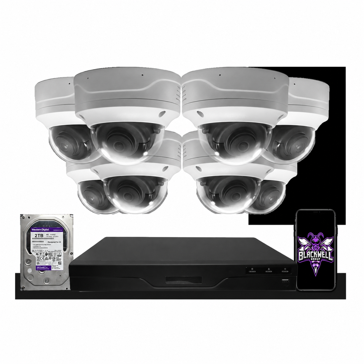 Montavue 8-camera MND-4-101 4mp vandal-proof dome bundle with 8-channel smart NVR and 1TB hard drive; phone displaying the official BGI logo