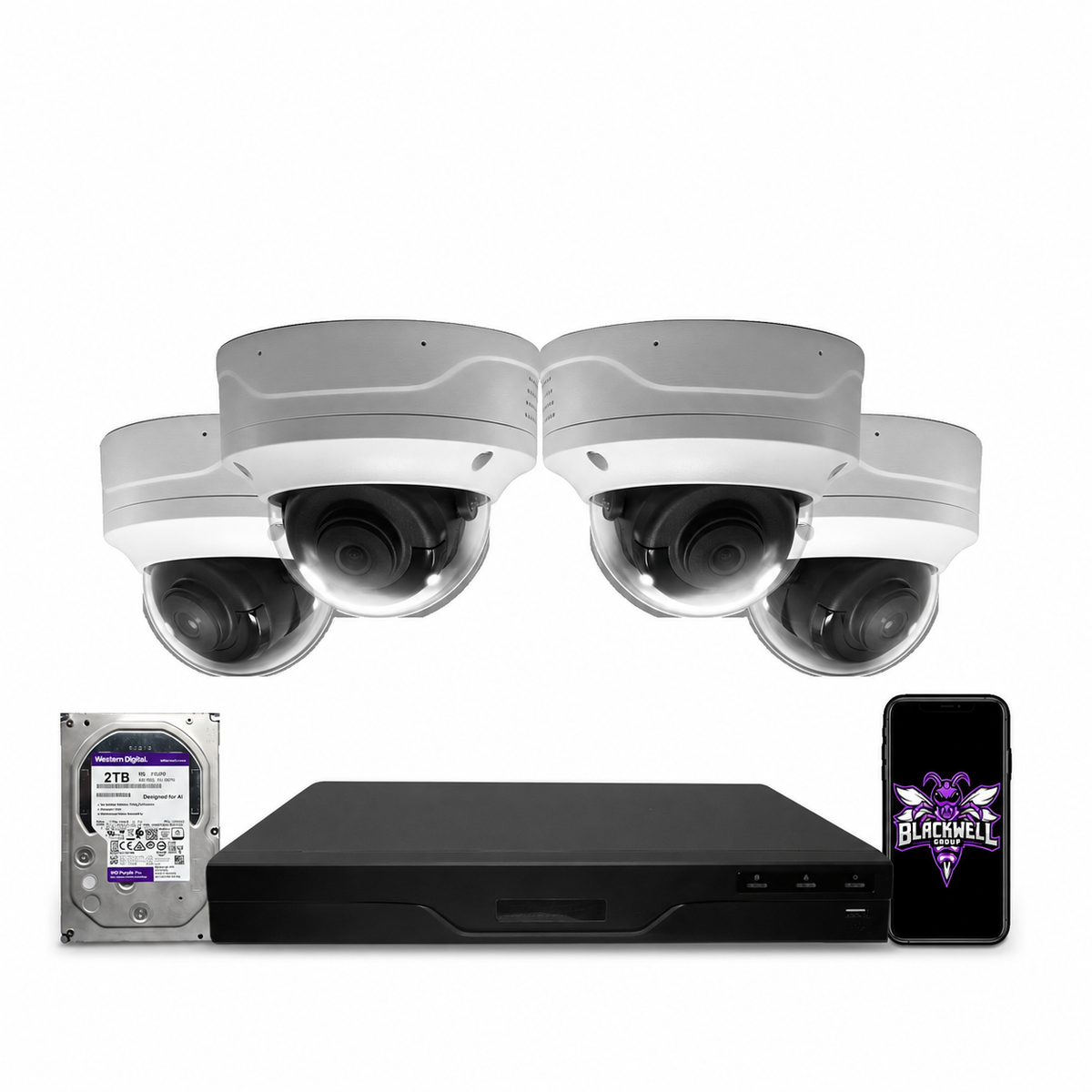 Montavue 4-camera MND-4-101 4mp vandal-proof dome bundle with 8-channel pro NVR and 1TB hard drive; phone displaying the official BGI logo
