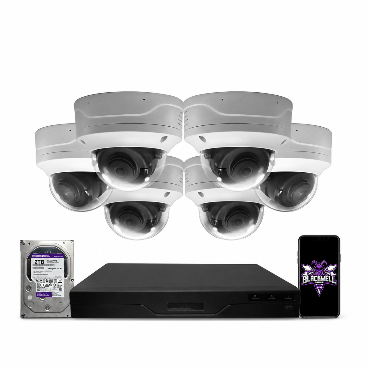 Montavue 6-camera MND-4-101 4mp vandal-proof dome bundle with 8-channel pro NVR and 1TB hard drive; phone displaying the official BGI logo