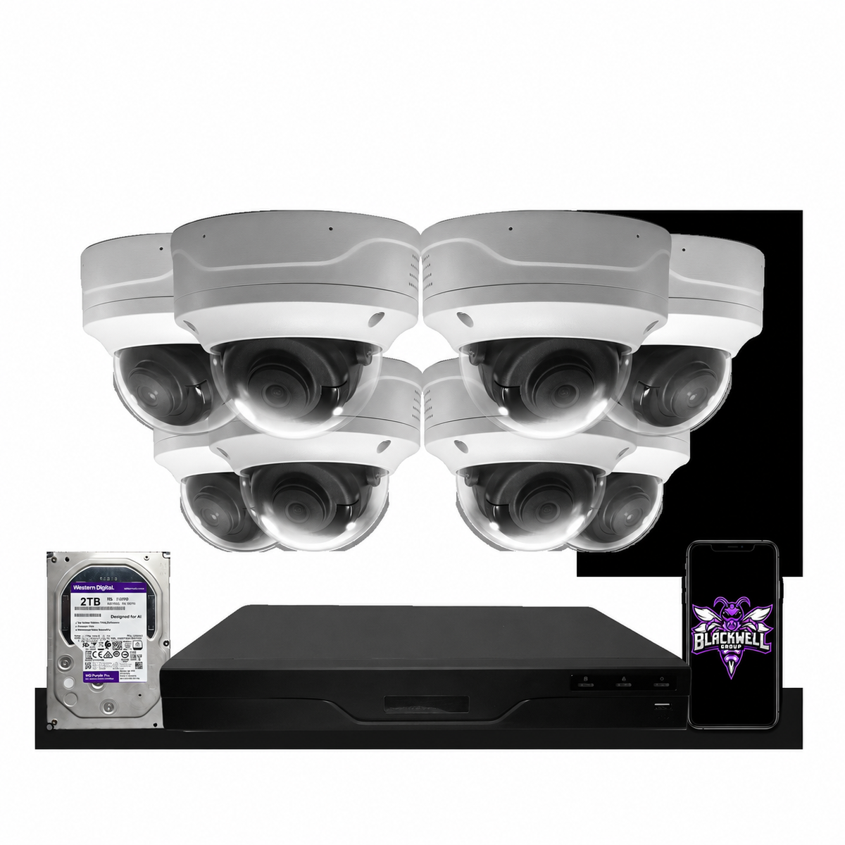 Montavue 8-camera MND-4-101 4mp vandal-proof dome bundle with 8-channel pro NVR and 1TB hard drive; phone displaying the official BGI logo