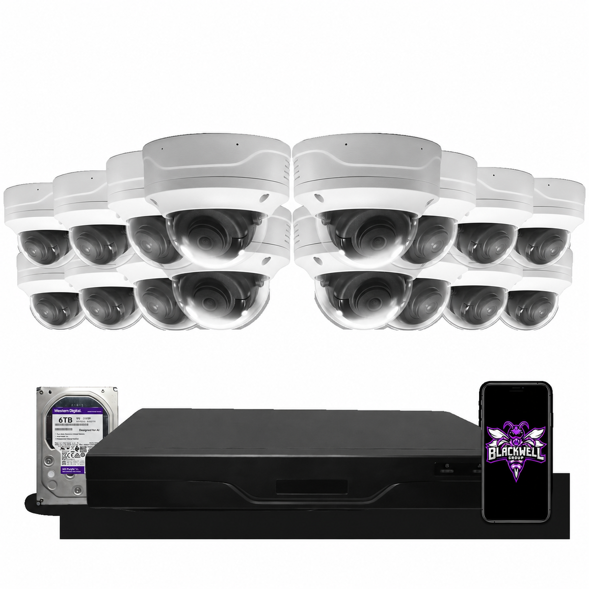 Montavue 16-camera MND-4-101 4mp vandal-proof dome bundle with 32-channel pro NVR and 6TB hard drive; phone displaying the official BGI logo