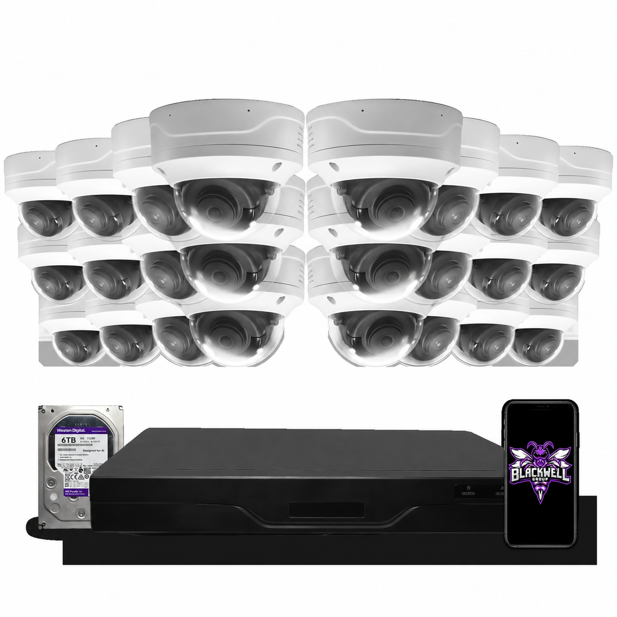 Montavue 24-camera MND-4-101 4mp vandal-proof dome bundle with 32-channel pro NVR and 6TB hard drive; phone displaying the official BGI logo