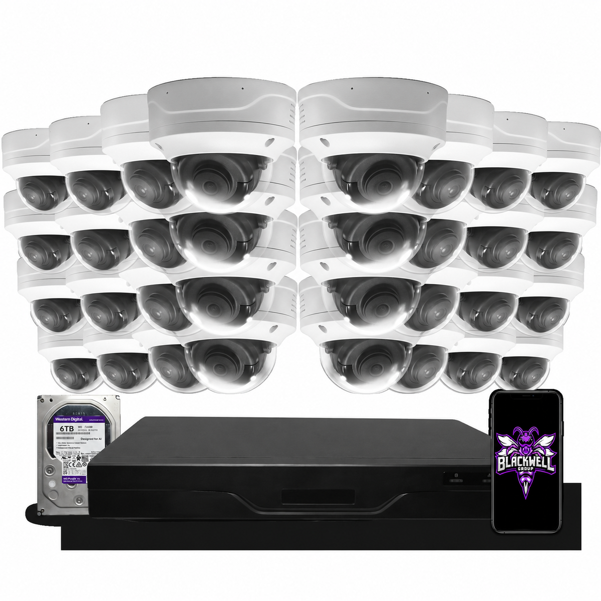 Montavue 32-camera MND-4-101 4mp vandal-proof dome bundle with 32-channel pro NVR and 6TB hard drive; phone displaying the official BGI logo